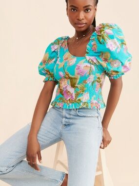 Turquoise Floral Puff-Sleeve Smocked Blouse - Anthropologie - Nuuly